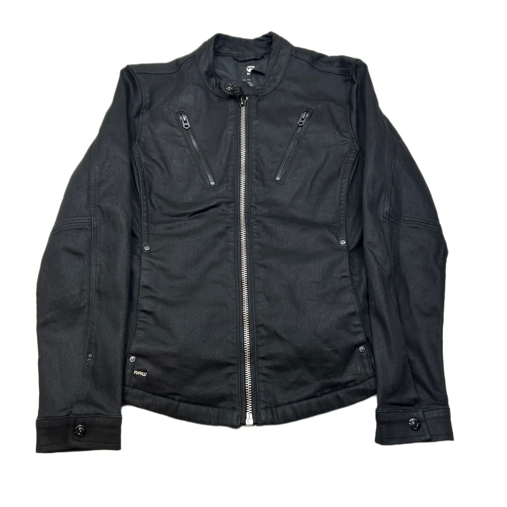 G-Star RAW Denim Jacket Womens Medium Black Moto‎ Full Zip Biker Style